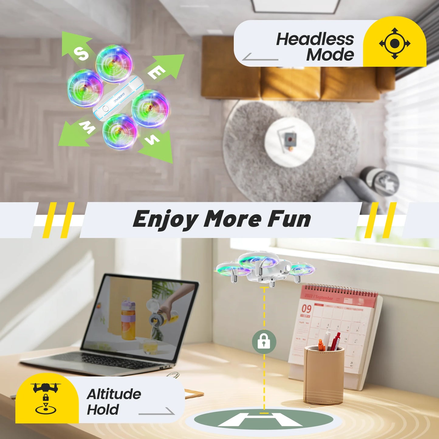 D33 Mini Drone for Kids and Beginners, LED Lights ,Altitude Hold,2 Batteries,White