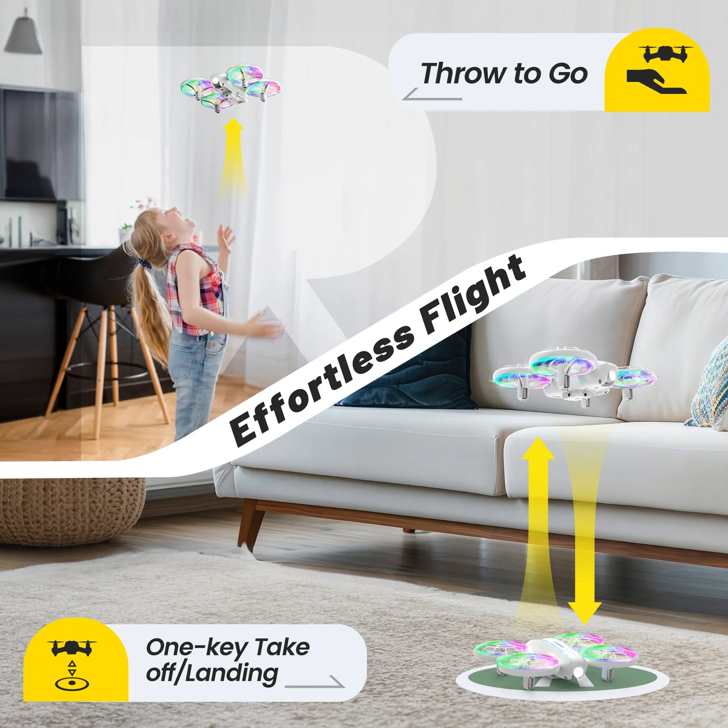 D33 Mini Drone for Kids and Beginners, LED Lights ,Altitude Hold,2 Batteries,White