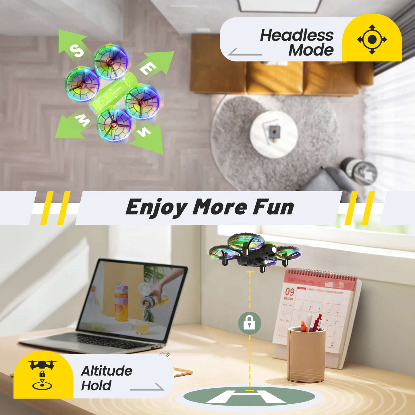 D33 Mini Drone for Kids and Beginners with LED Lights ,Altitude Hold,2 Batteries,Green